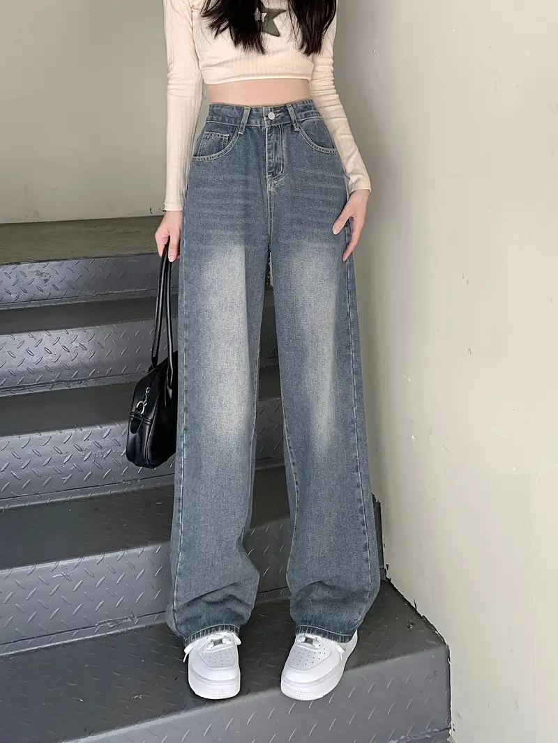 Blue High Waist Baggy Jeans, Loose Fit Retro Style Versatile Wide Legs Jeans, Women's Denim Jeans &