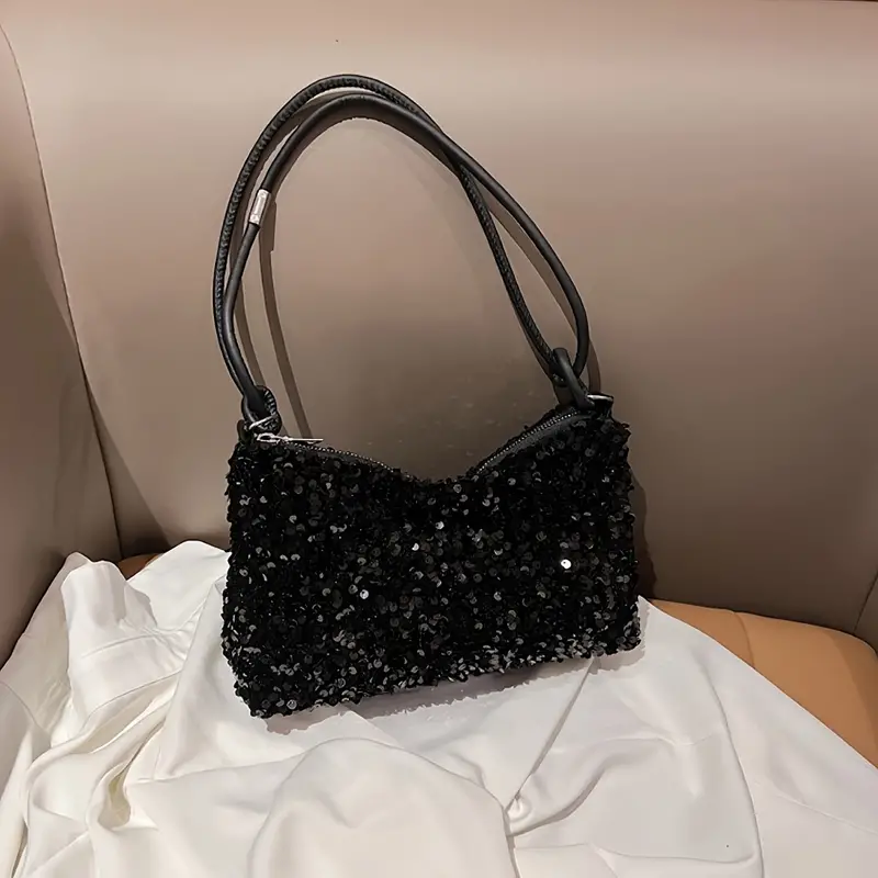 Carnaval Black Sequins Decor Shiny Shoulder Bag, Classic Niche Zipper Underarm Wallet For Women For
