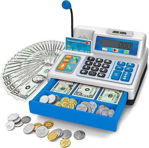 Calculator Cash Register - 103 Pcs Toy Cash Register, Store Set with Microphone, Credit Card and Ban