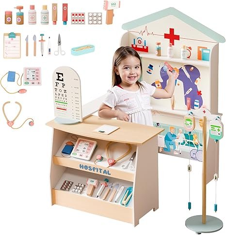 JOYMOR Pretend Hospital Kids Doctor Kit, Wooden Doctor Play Set w/Plenty of Medical Toy Accessories,