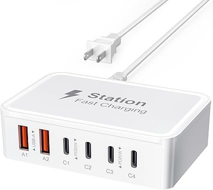 100W USB C Fast Charger - 5ft Cord GaN 6 Port Type USB C Charging Station Hub Block Cube,Super Fast 