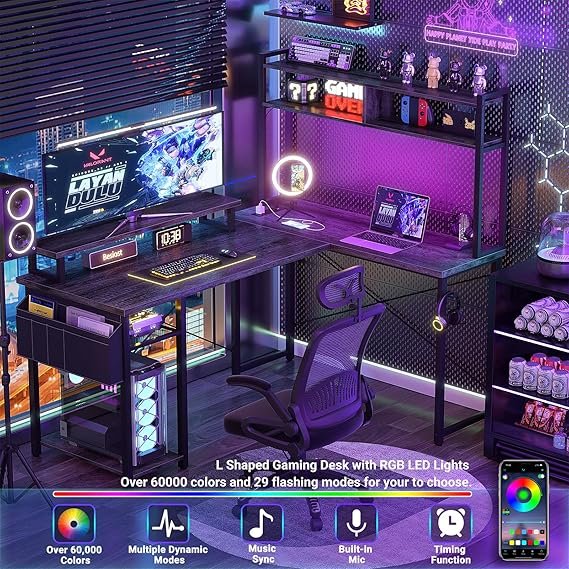 Small L Shaped Gaming Desk with Power Outlets, 48" Reversible L Shaped LED Computer Desk with Monito