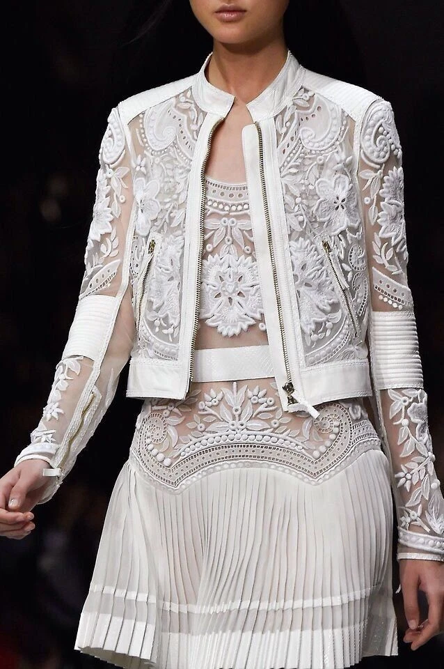 NEW $13K Roberto Cavalli Embroidered Lace & Leather Biker Jacket in White